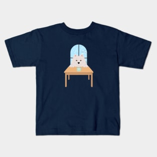 White Samoyed Dog with Winter Window and Hot Chocolate on Table Kids T-Shirt